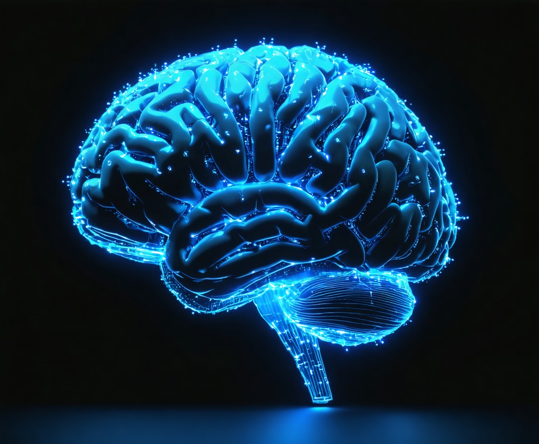 Visualizzazione futuristica di una rete neurale digitale con neuroni blu brillanti