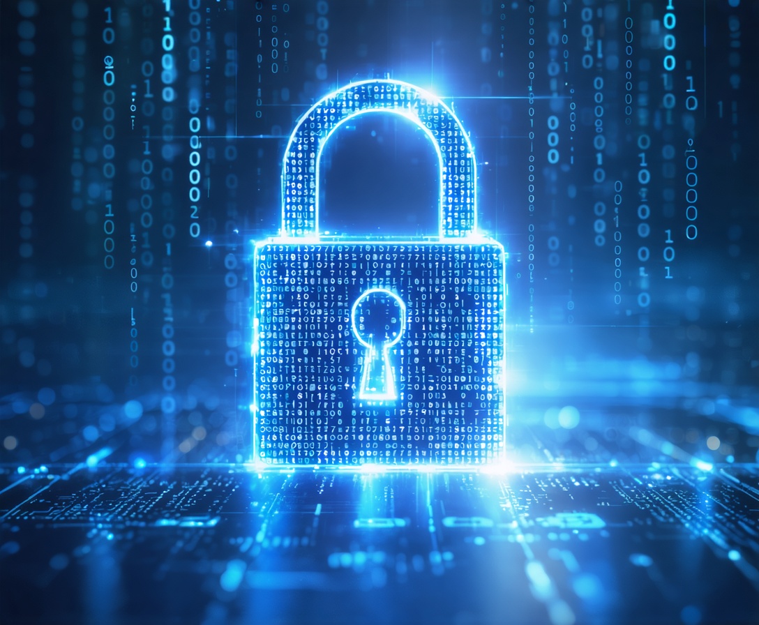 Rappresentazione astratta della sicurezza dei dati, un'icona di lucchetto digitale luminosa