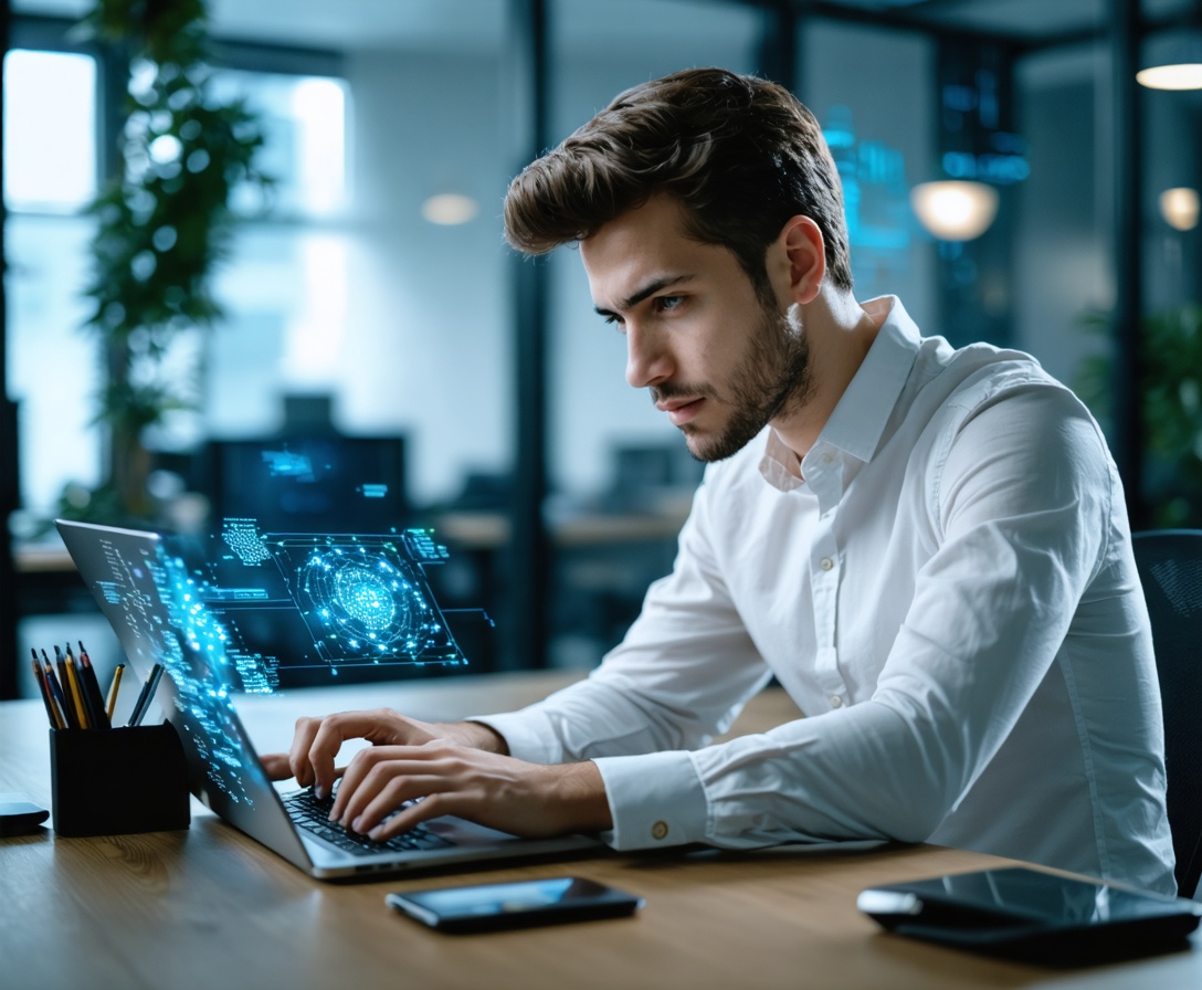 Studente professionista che lavora su un laptop con codice complesso in un ufficio moderno