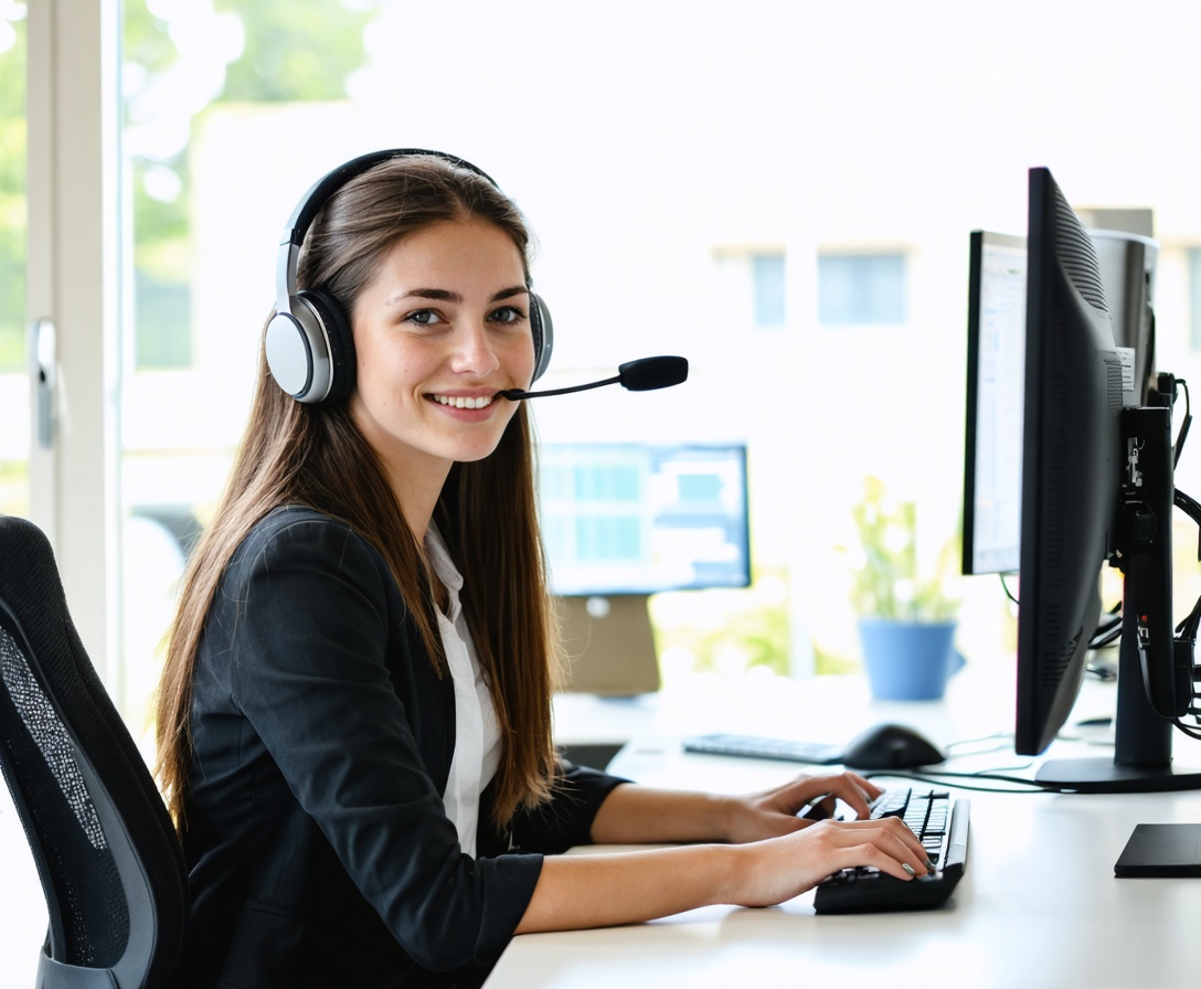 Giovane donna amichevole con una cuffia che lavora in un ufficio di supporto clienti organizzato